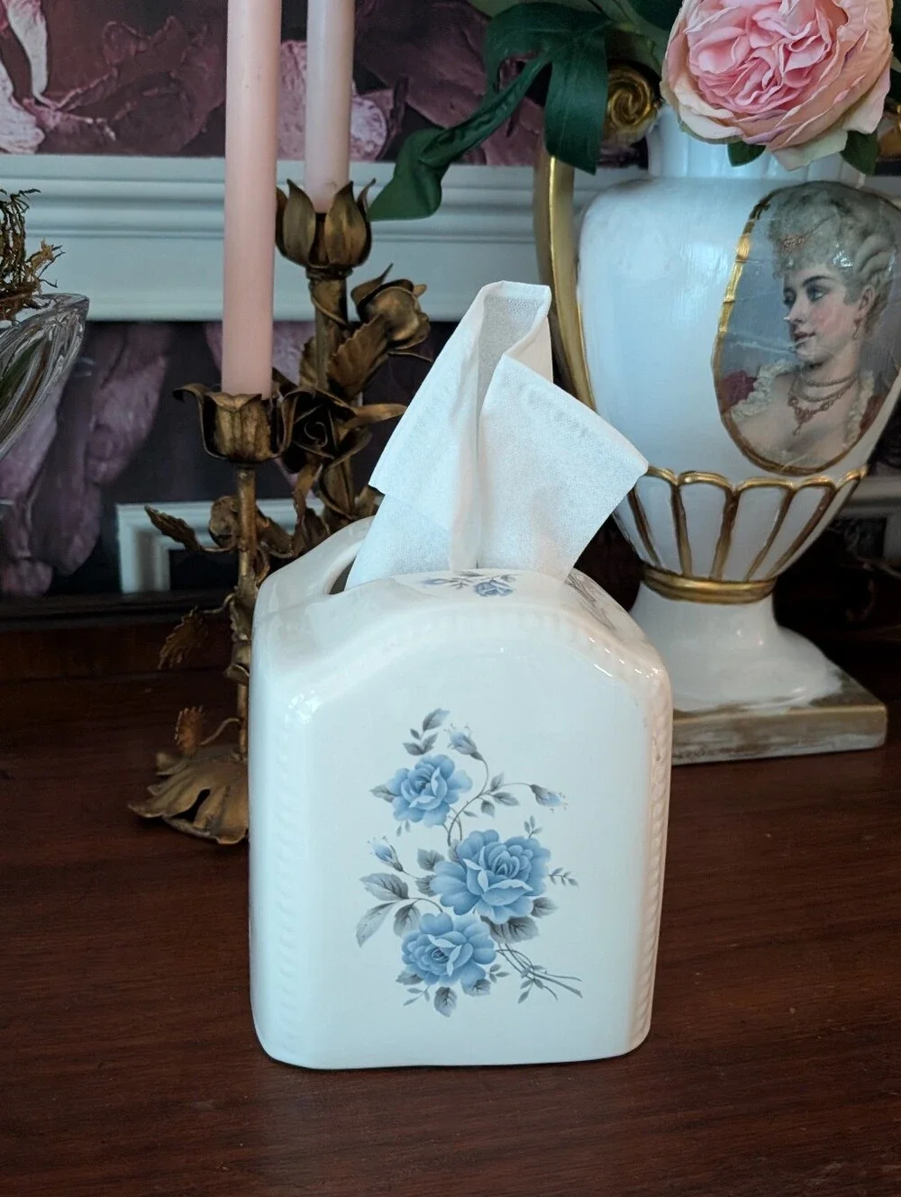 Vintage,  ATHENA USA Tissue Container holder Blue Roses Off white Porcelain 6.5